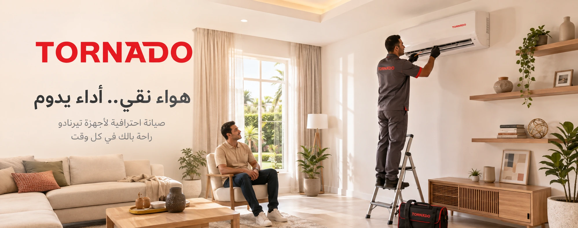 فني صيانة يحمل شعار تورنيدو أثناء فحص تكييف تورنيدو داخل غرفة معيشة وبجواره عميل يتابع الصيانة